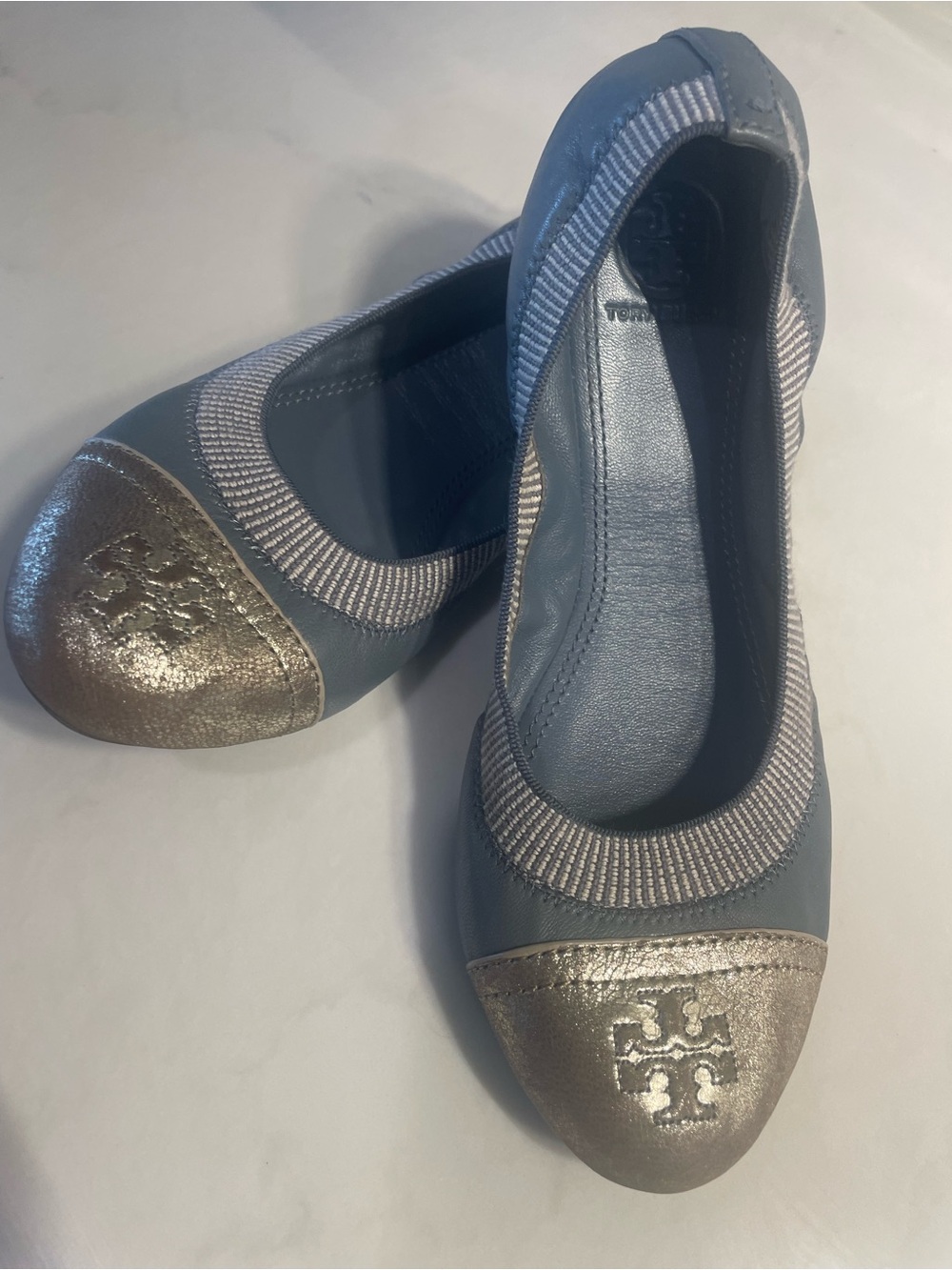 Tory Burch Slate Blue Leather Ballet Flats with Metallic Gold Cap Toe